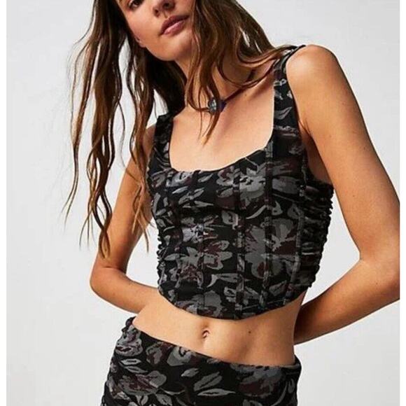 Free People Galaxy Corset Tank Top Size Small Mesh Black Gray Floral Cropped NWT - Picture 2 of 11